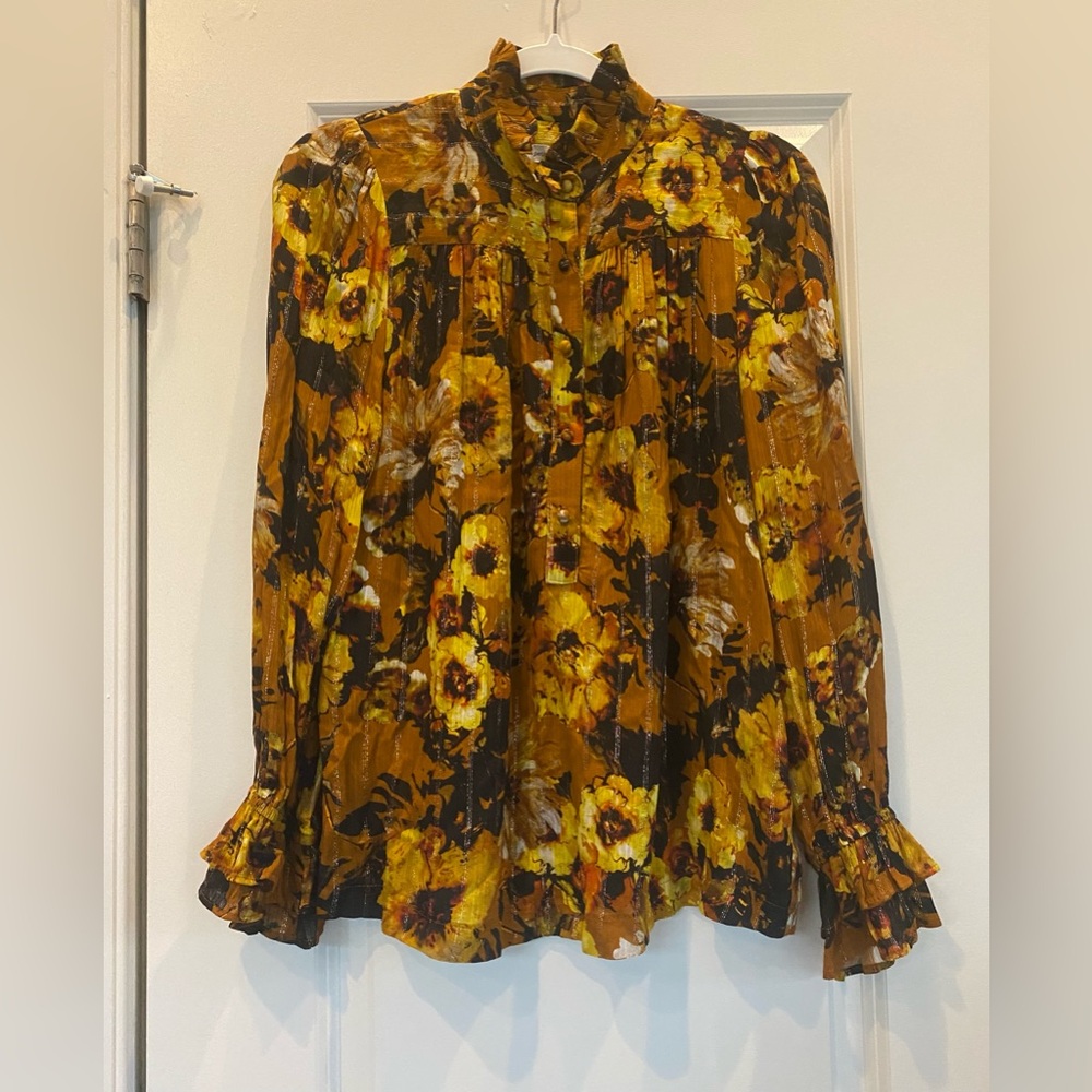 la petit franchise Floral Ruffle Blouse - Yellow and Orange and Brown